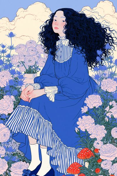 Blue Garden Girl Illustration Poster. poster