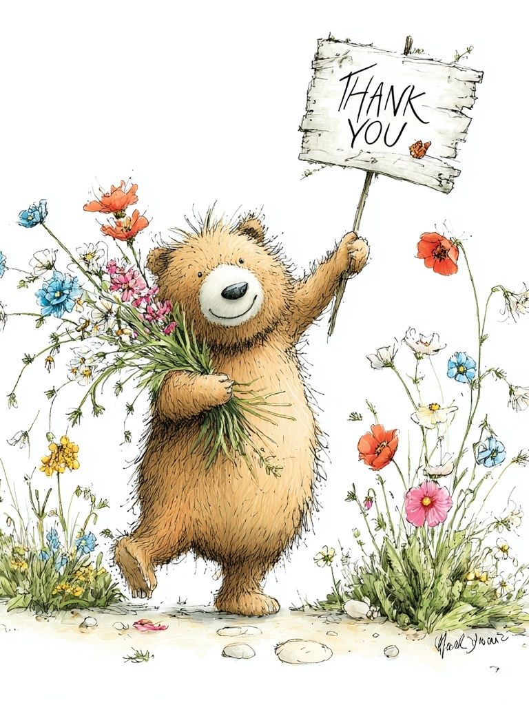 Thank You Bear Watercolor Print. poster — illustration art