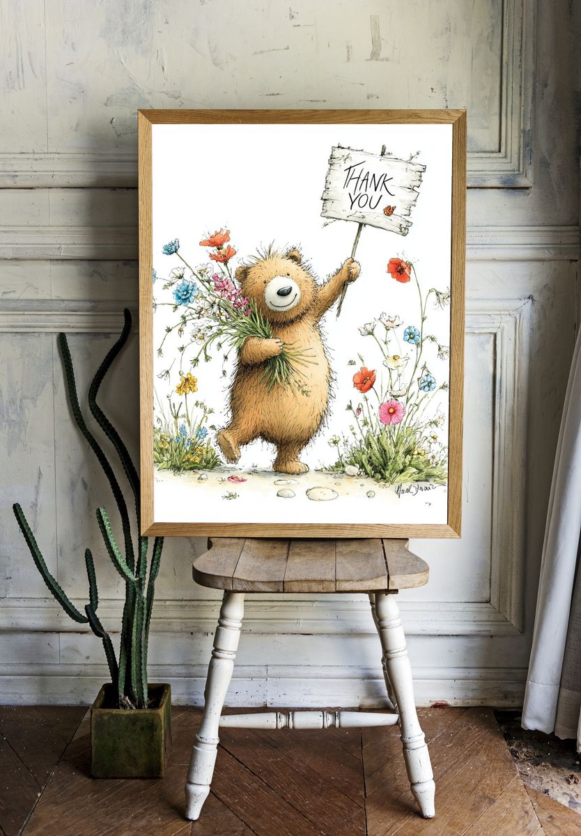 Thank You Bear Watercolor Print. room preview
