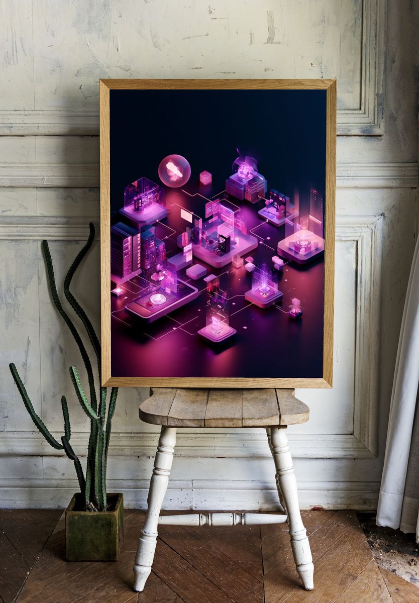 Neon Tech City Illustration Poster. — room view 1