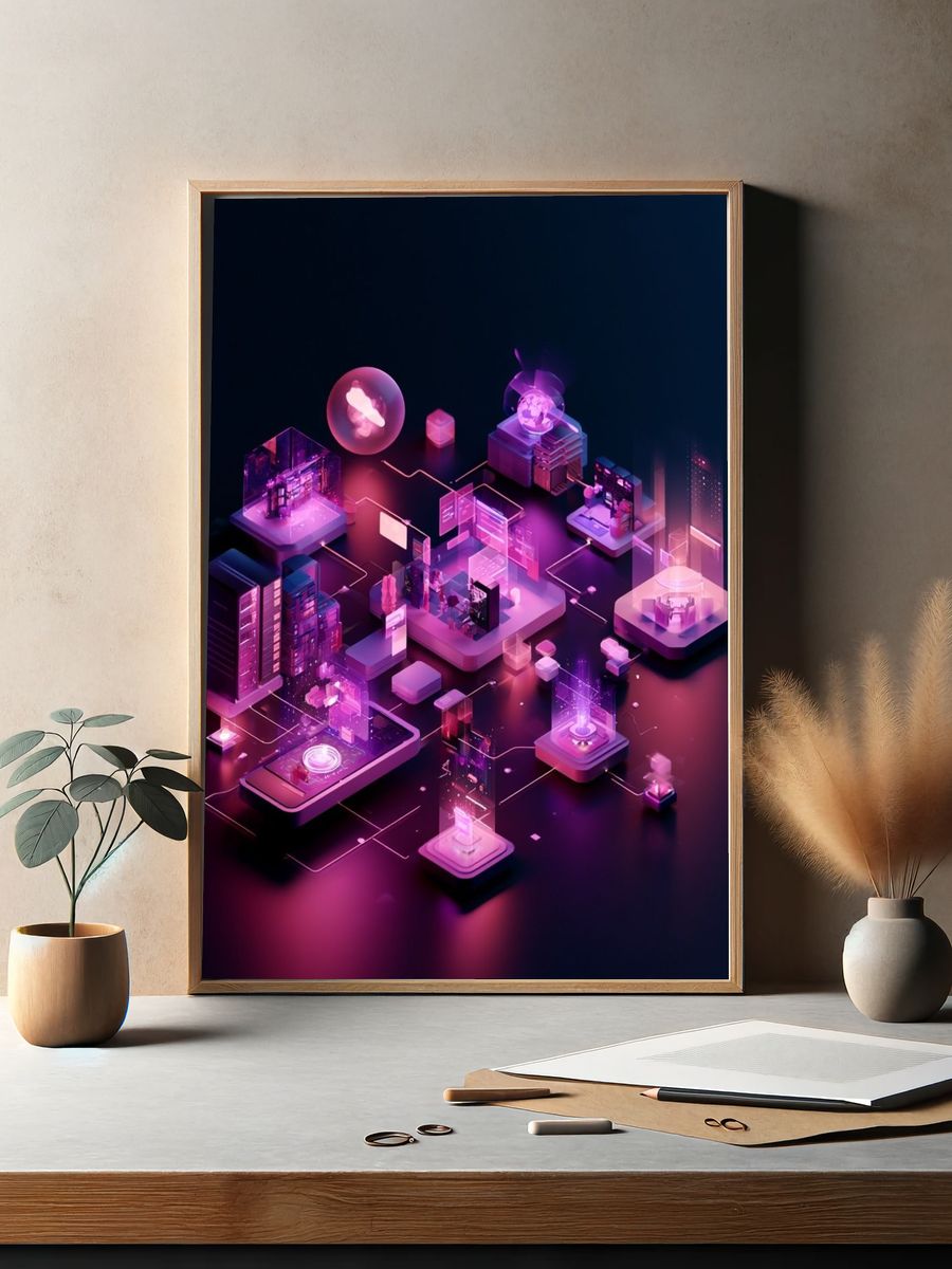 Neon Tech City Illustration Poster. — room view 2