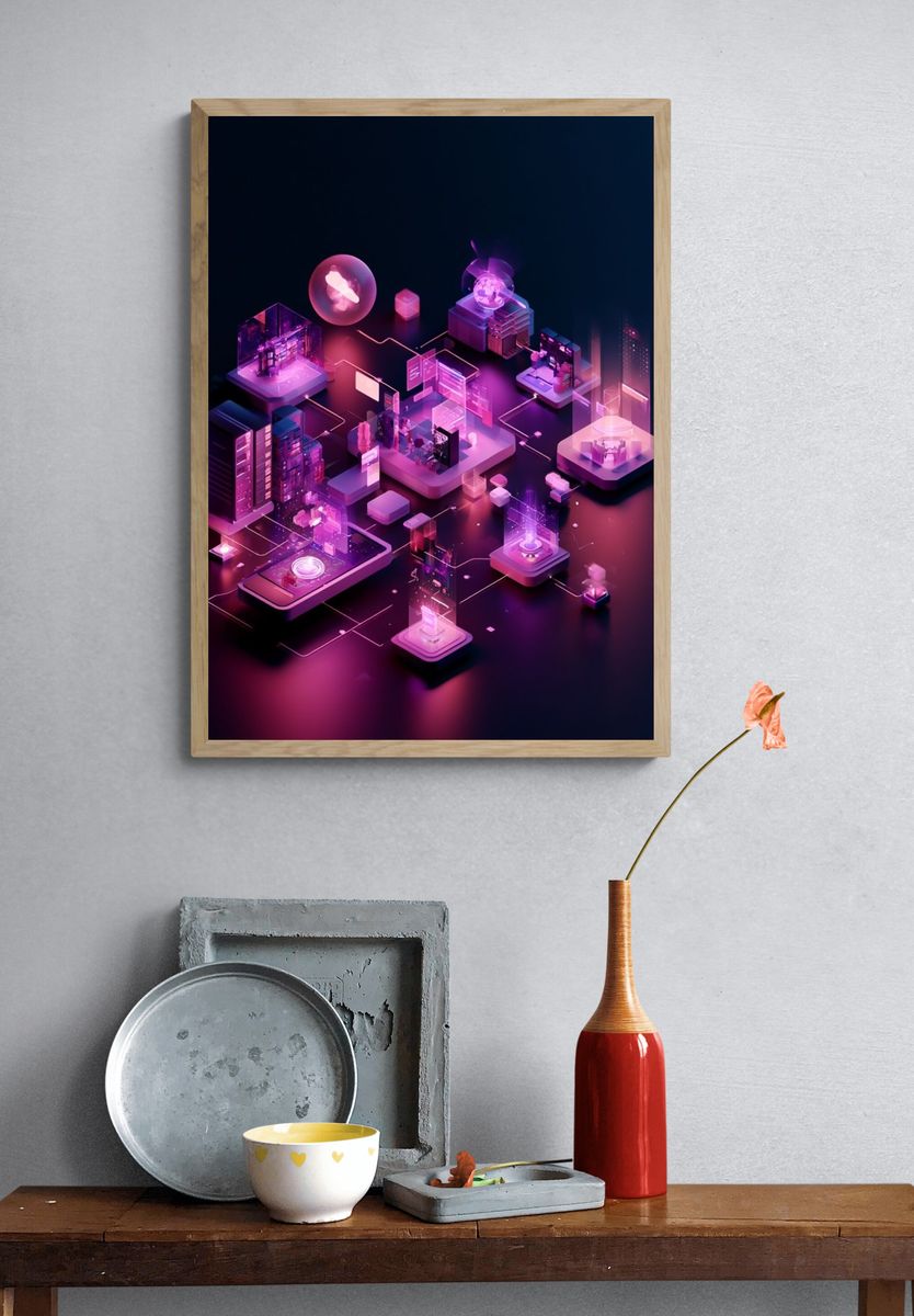 Neon Tech City Illustration Poster. — room view 3