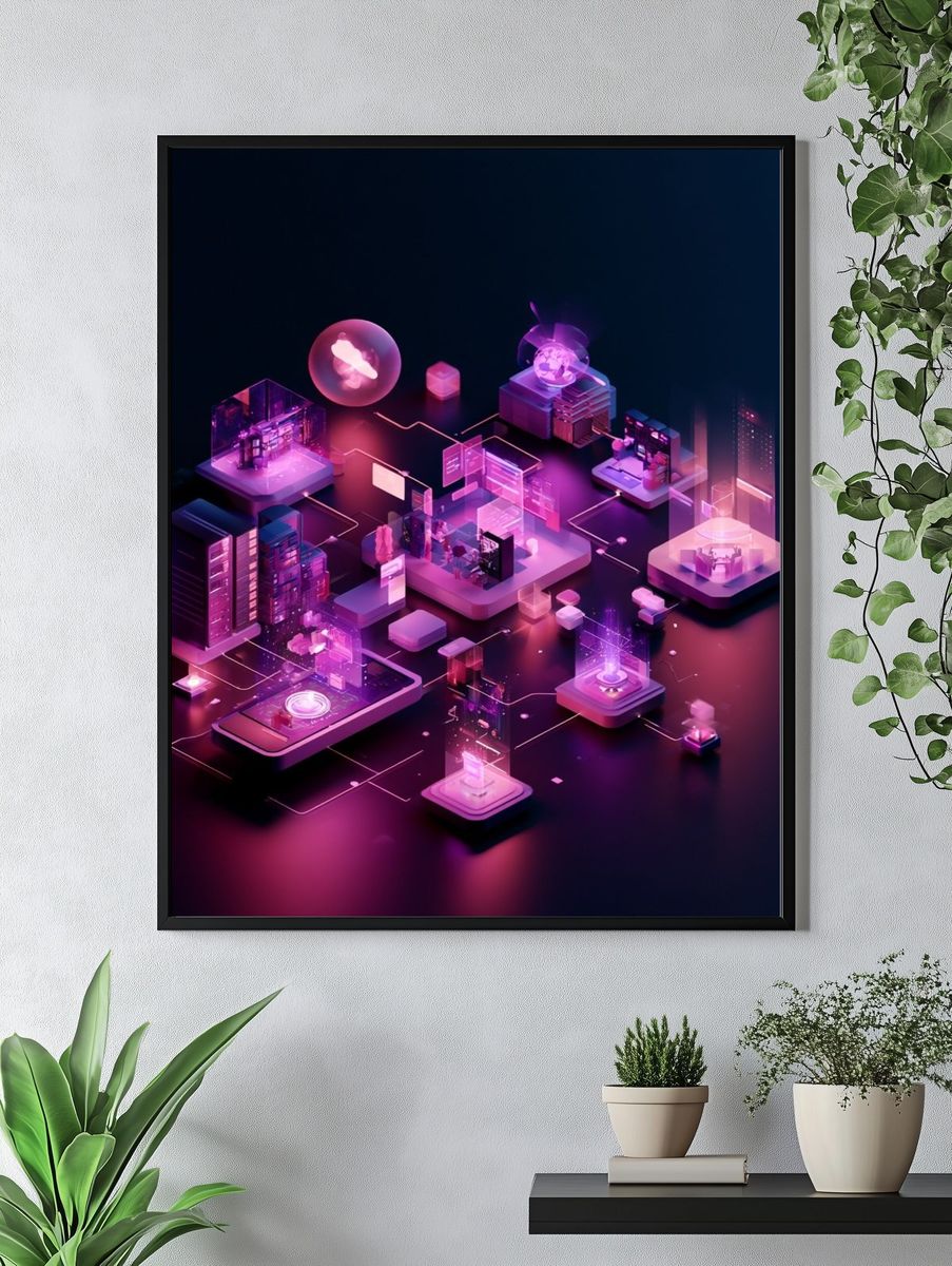 Neon Tech City Illustration Poster. — room view 4