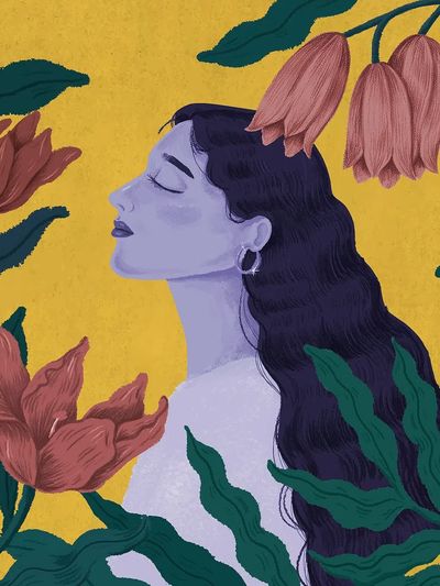 Beautiful purple woman surrounded nature. poster print