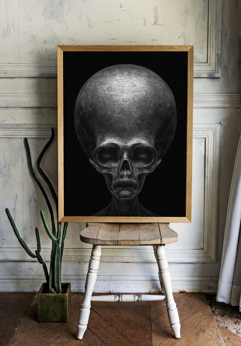 Surreal Alien Skull Print. room preview