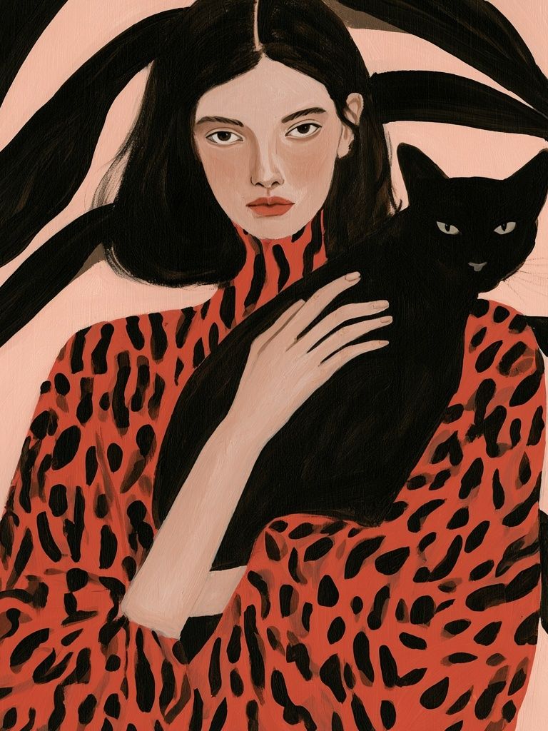 Woman with Black Cat Illustration Poster. poster detail