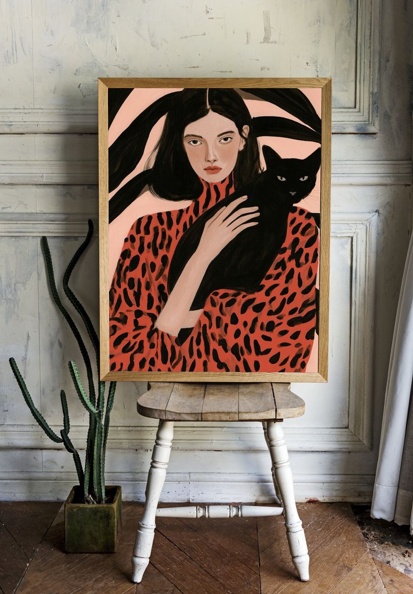 Woman with Black Cat Illustration Poster. — room view 1