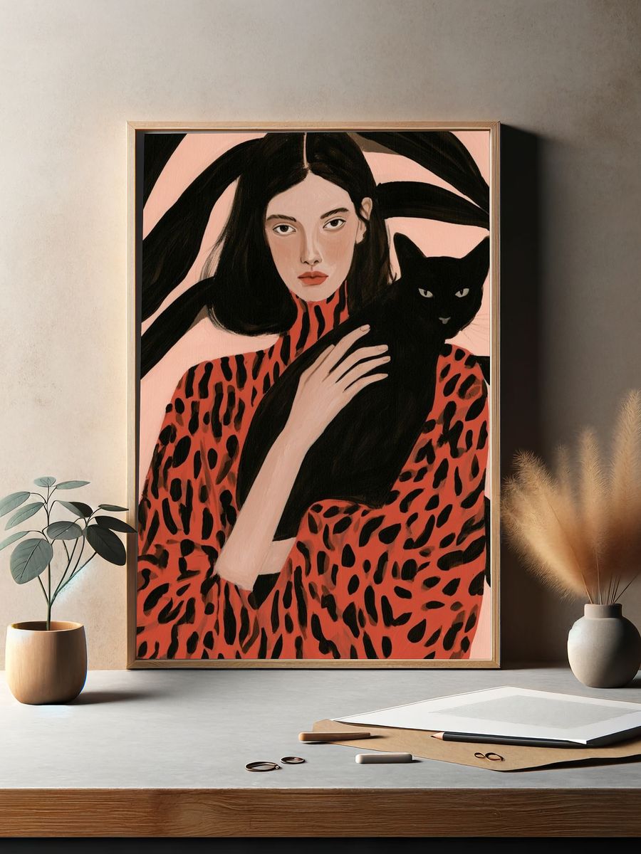 Woman with Black Cat Illustration Poster. — room view 2