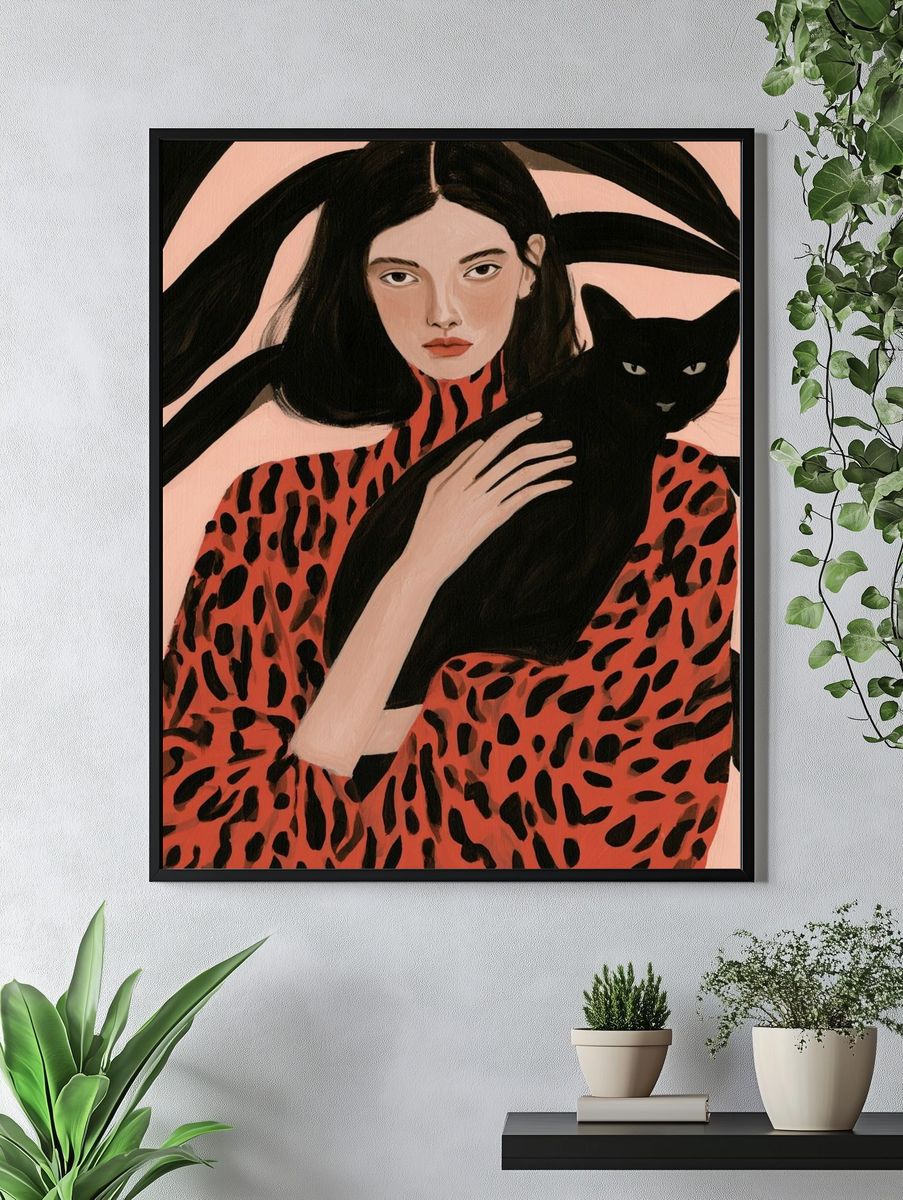 Woman with Black Cat Illustration Poster. — room view 4