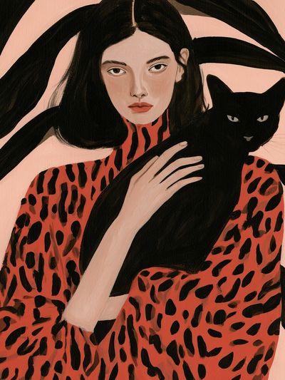 Woman with Black Cat Illustration Poster.