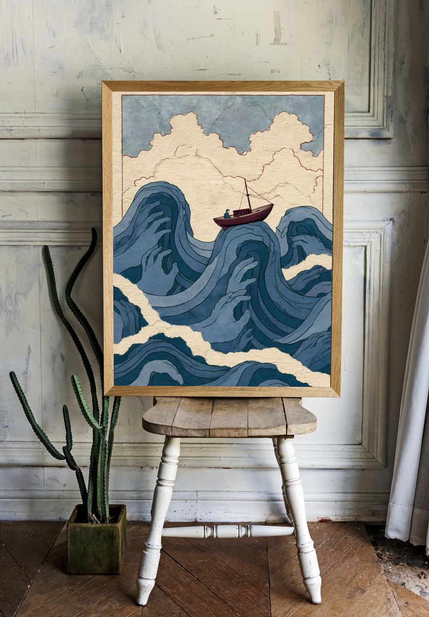 Boat on Blue Waves Illustration Print. room preview