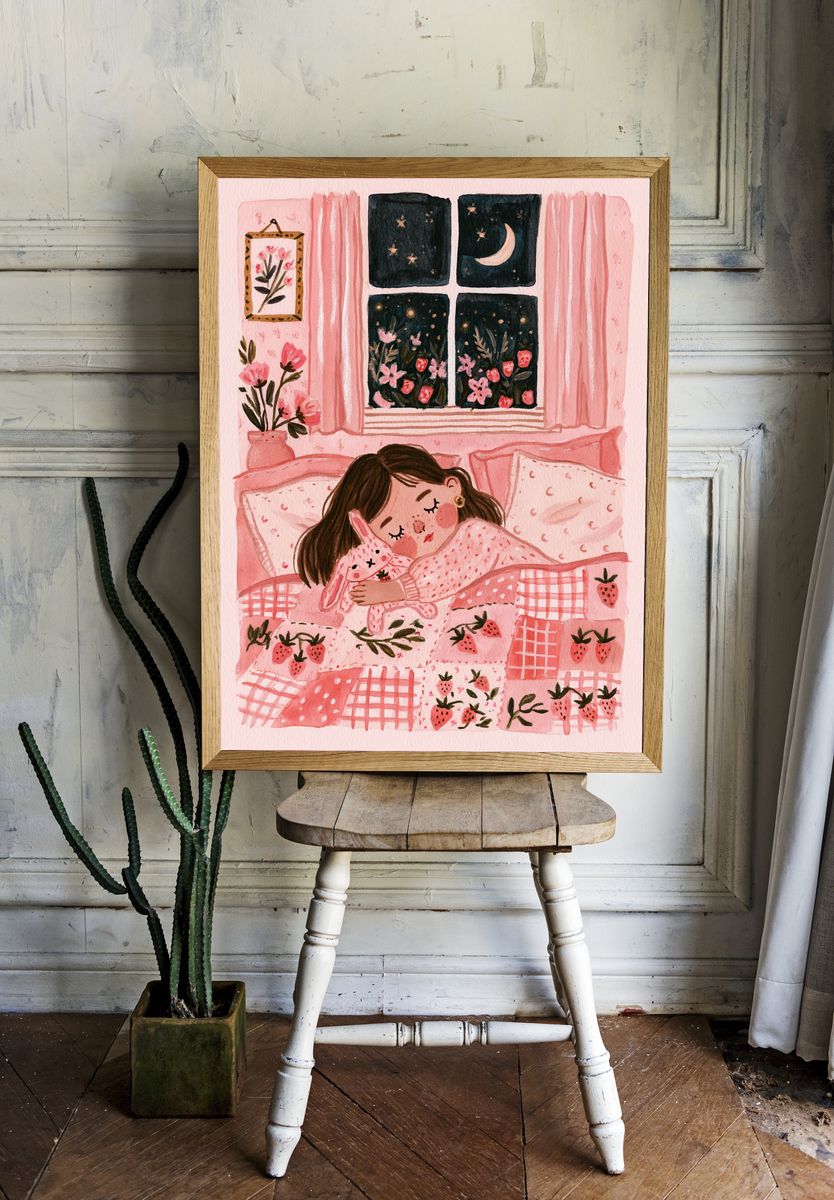 Strawberry Dream Bedroom Illustration Poster. room preview