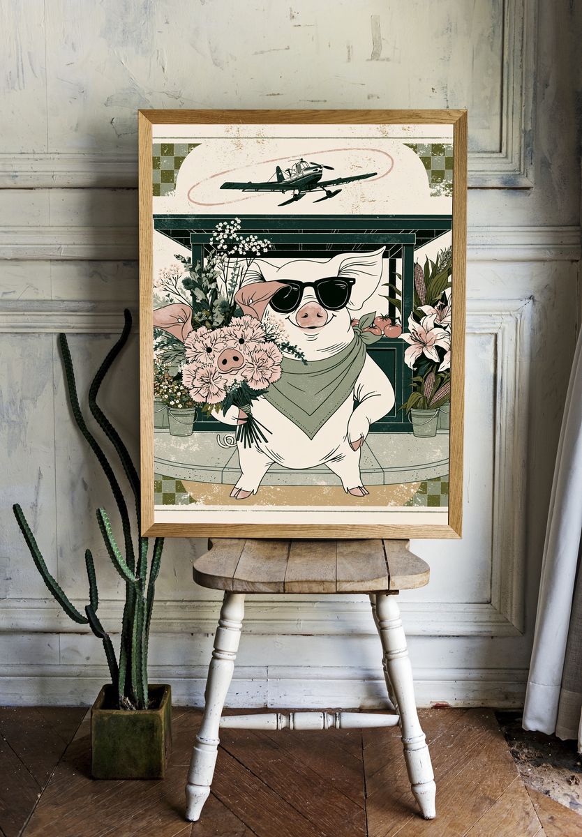 Sunglasses Pig Floral Illustration Poster. — room view 1