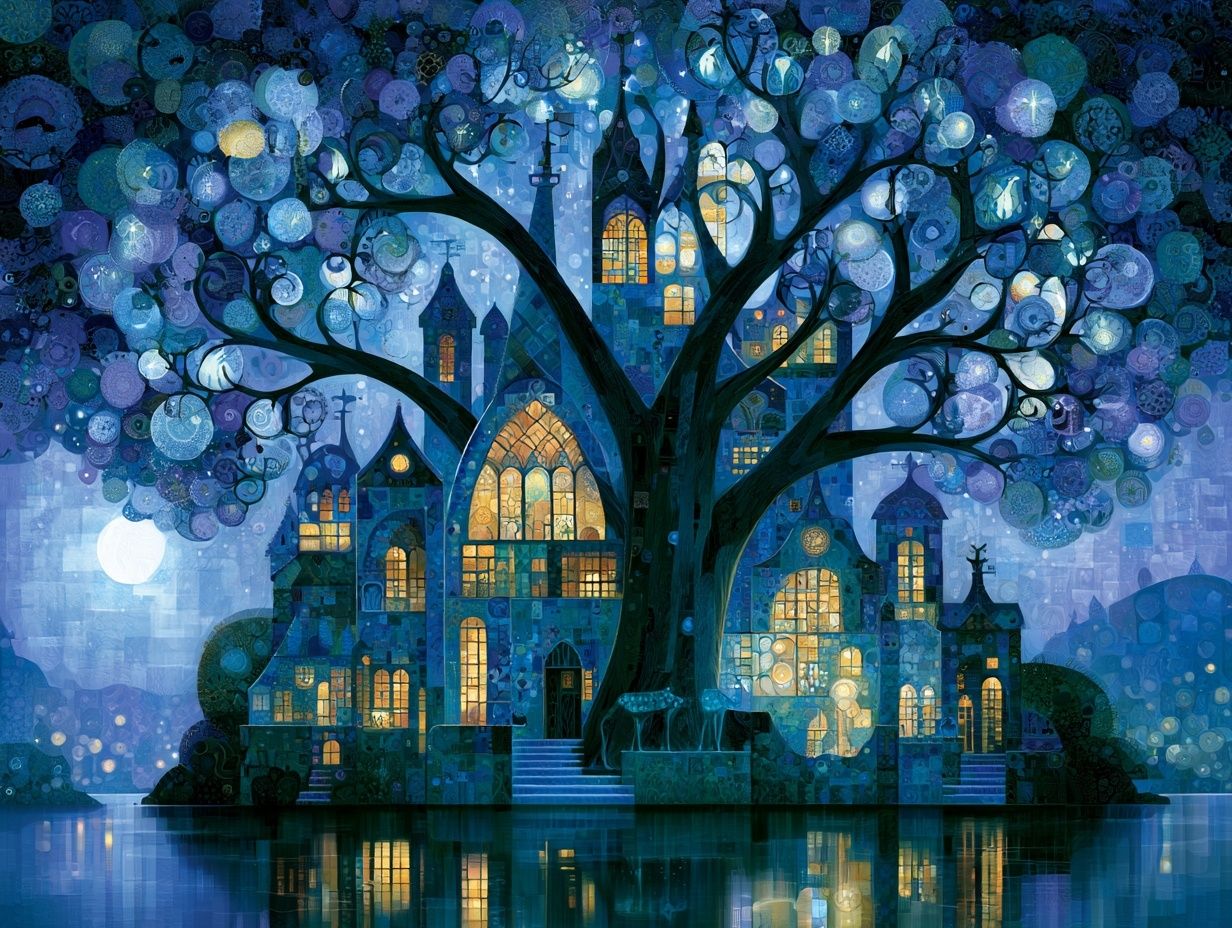 Moonlit Tree Village Fantasy Print. poster — illustration art