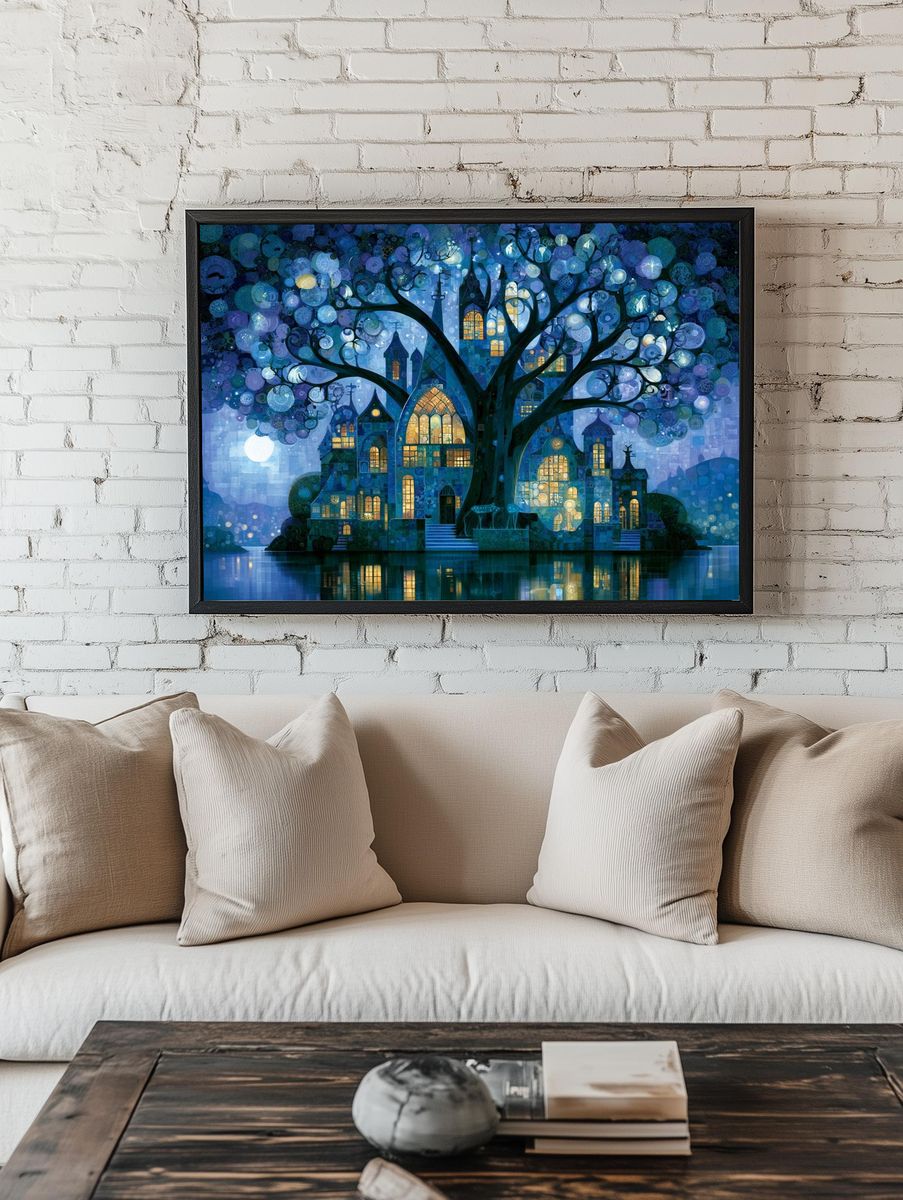 Moonlit Tree Village Fantasy Print. — room view 1