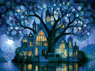 Moonlit Tree Village Fantasy Print.