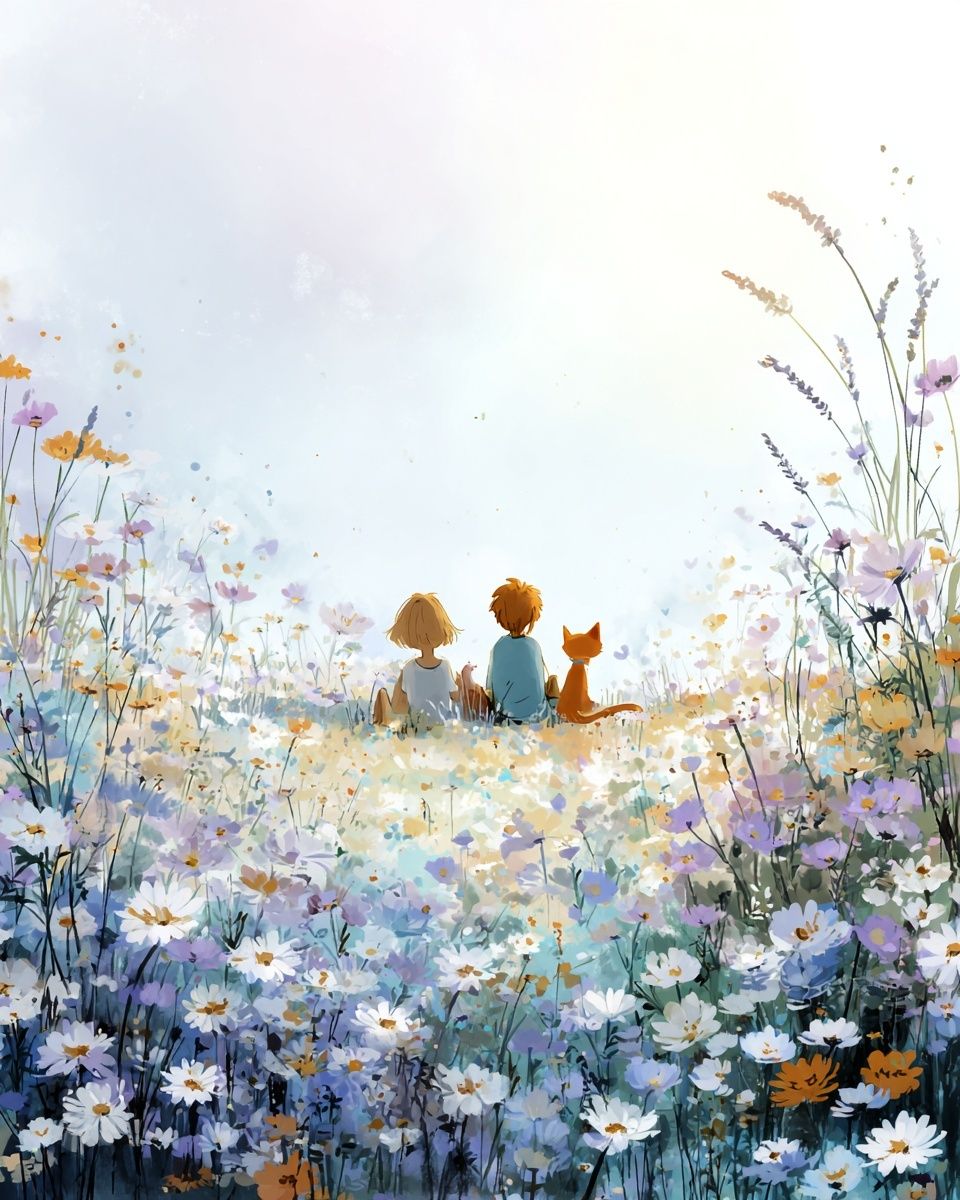 Children in Flower Field Illustration Poster. poster — illustration art