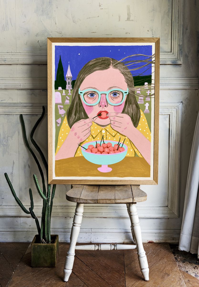Girl with Cherries Illustration Poster. — room view 1