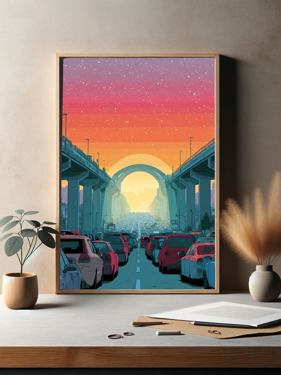 Sunset Highway Traffic Illustration Poster. — room view 2