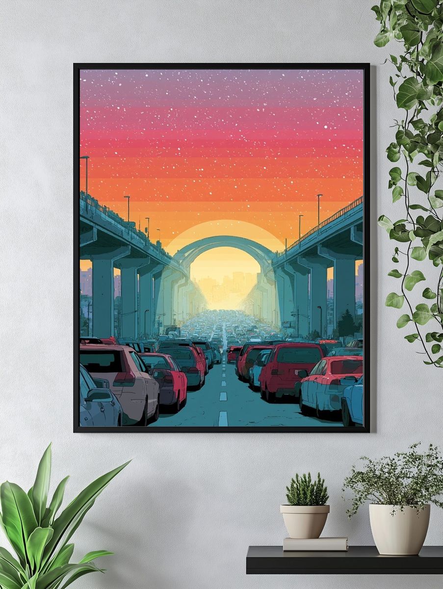 Sunset Highway Traffic Illustration Poster. — room view 4