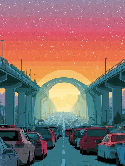 Sunset Highway Traffic Illustration Poster. poster print