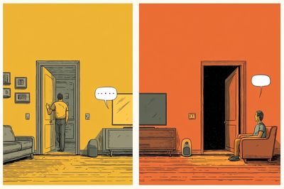Split Room Conversation Illustration Poster. poster print