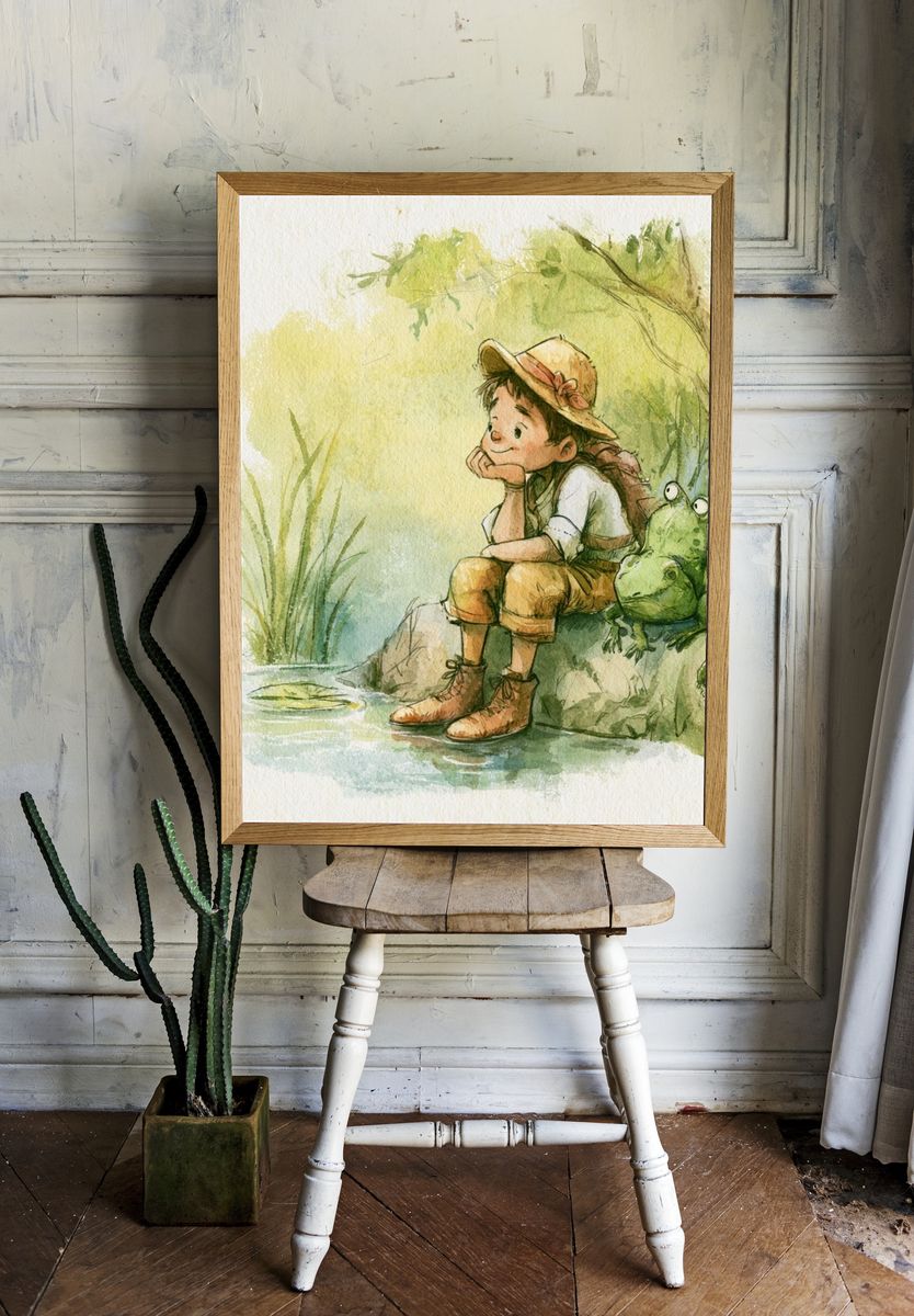 Girl and Frog Watercolor Print. room preview