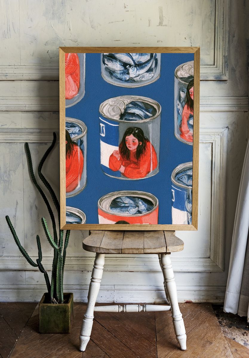Canned Girl and Fish Illustration Poster. — room view 1