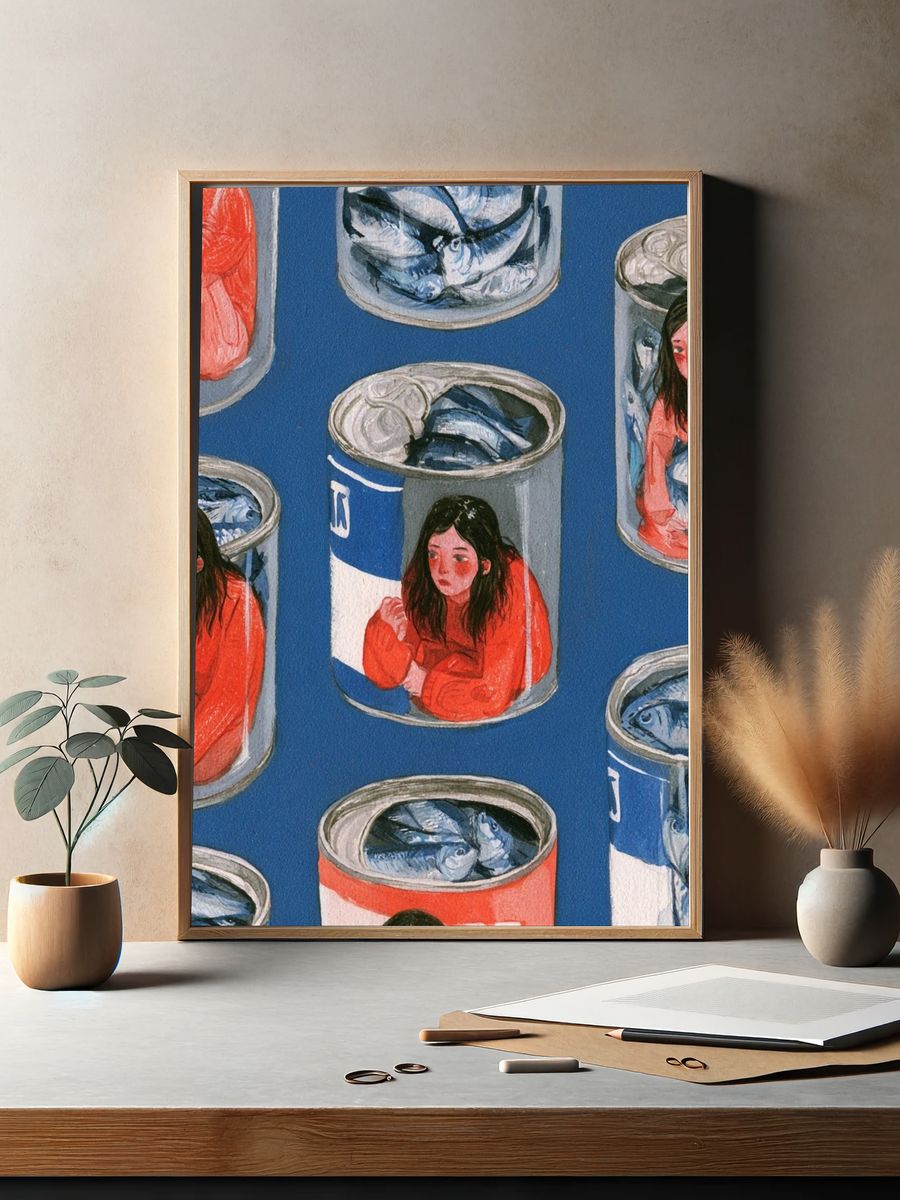 Canned Girl and Fish Illustration Poster. — room view 2