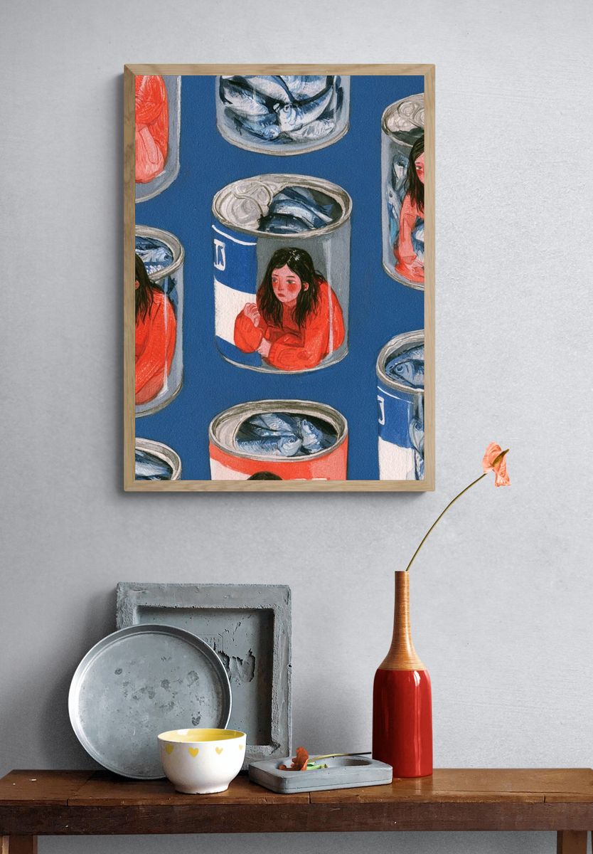 Canned Girl and Fish Illustration Poster. — room view 3