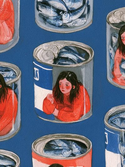 Canned Girl and Fish Illustration Poster.