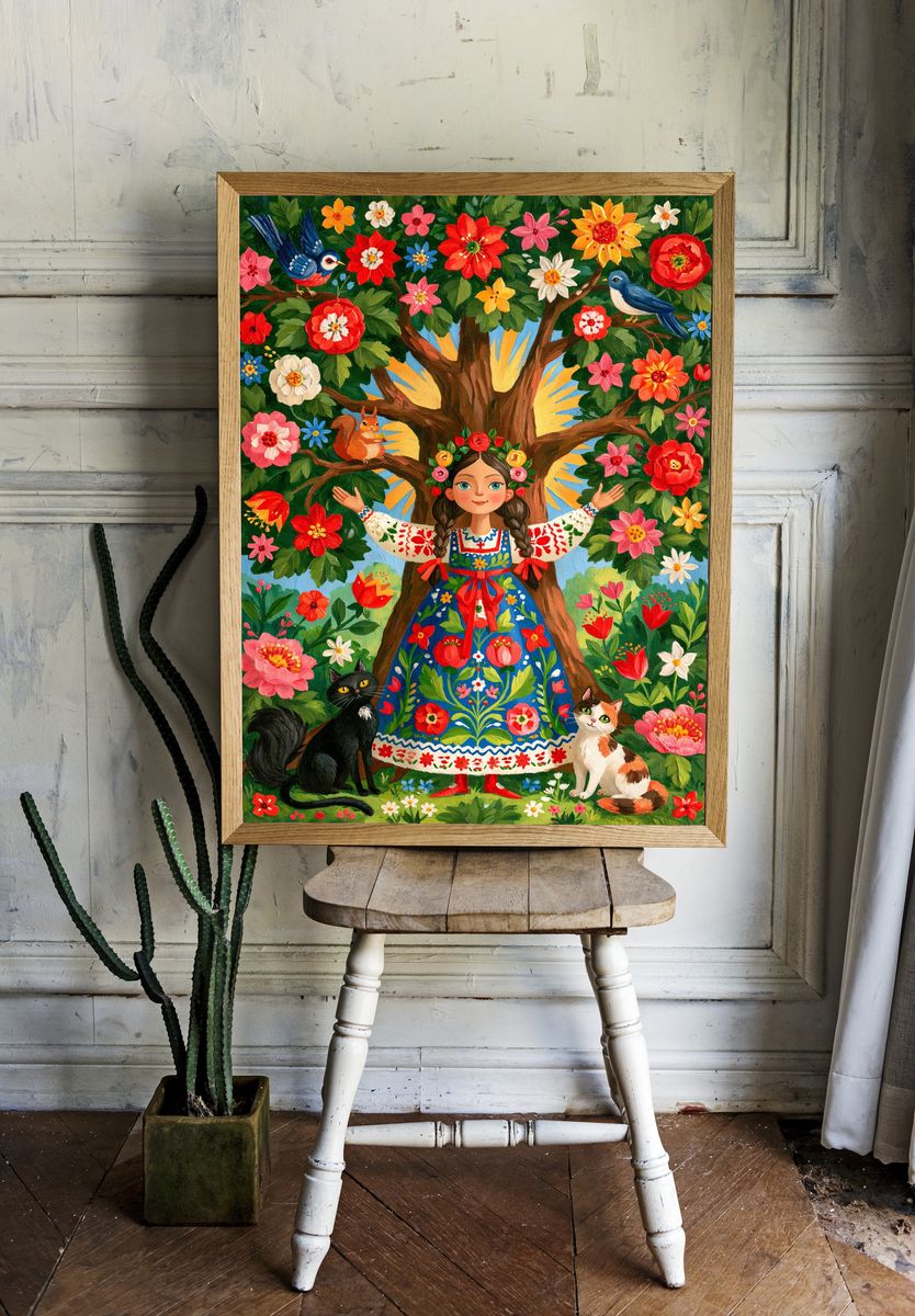 Folk Garden Girl Illustration Poster. — room view 1