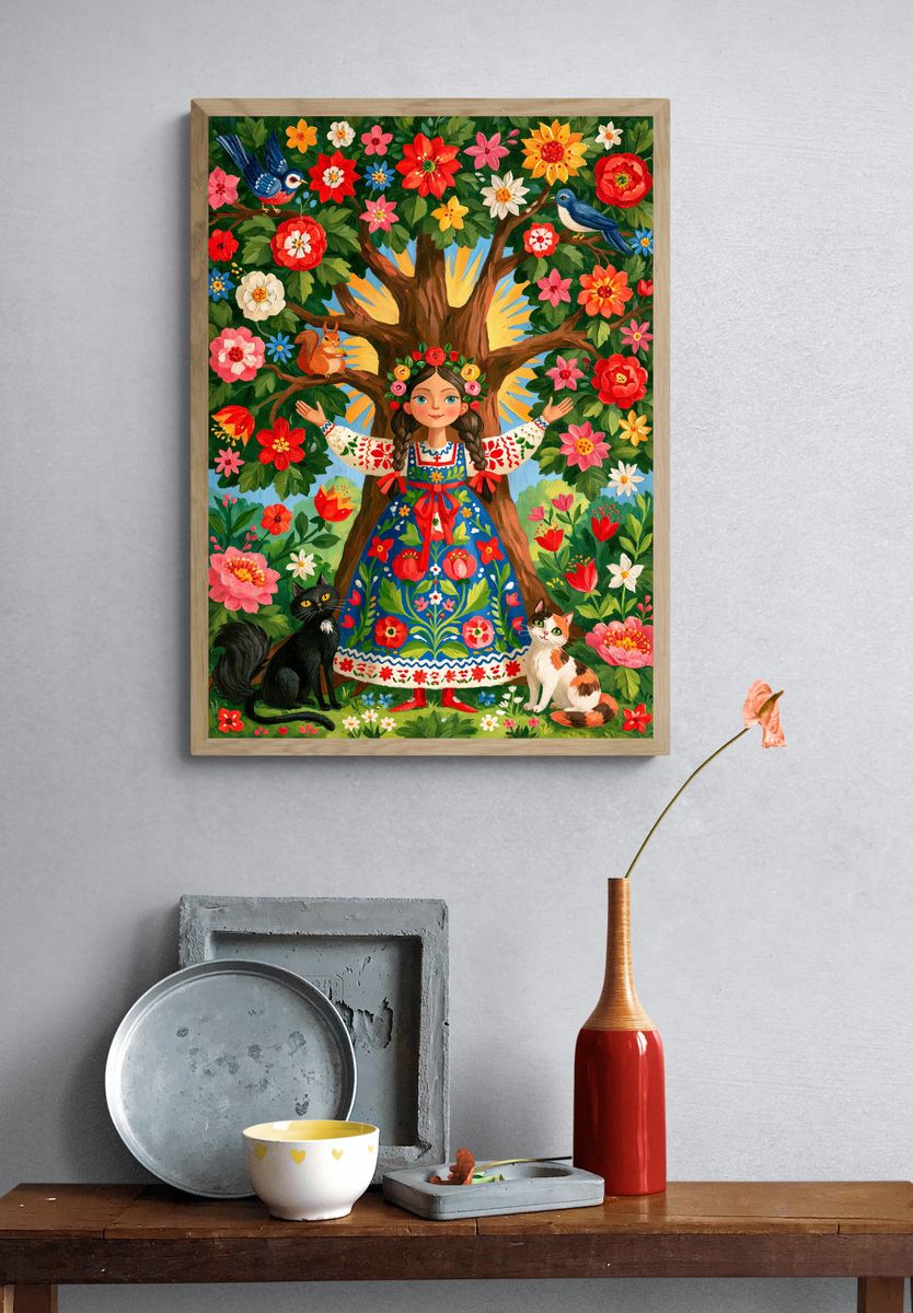 Folk Garden Girl Illustration Poster. — room view 3