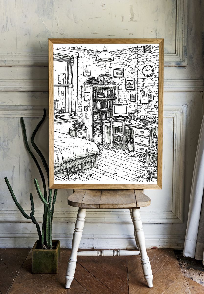 Cozy Brick Loft Study Illustration Print. room preview