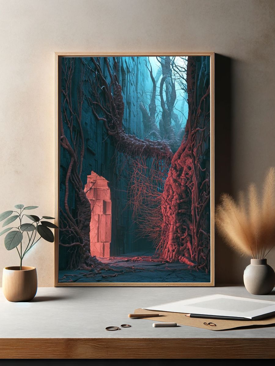 Bioluminescent Canyon Digital Art Poster. — room view 2