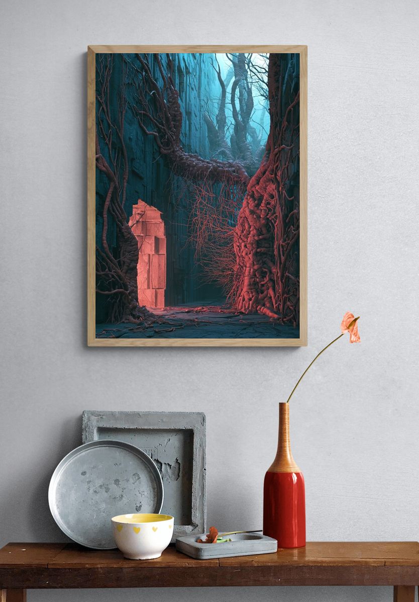 Bioluminescent Canyon Digital Art Poster. — room view 3