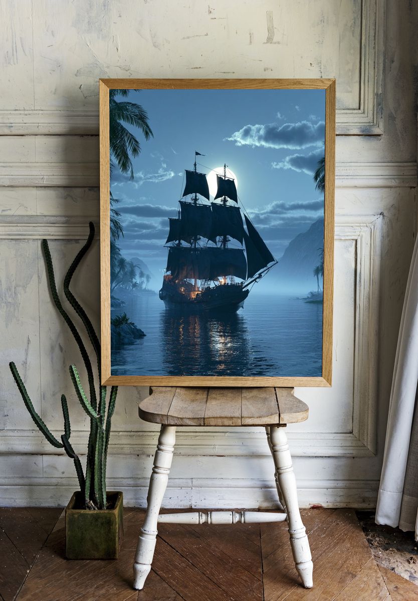 Moonlit Pirate Ship Poster. — room view 1