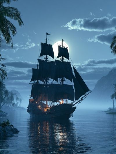 Moonlit Pirate Ship Poster. poster