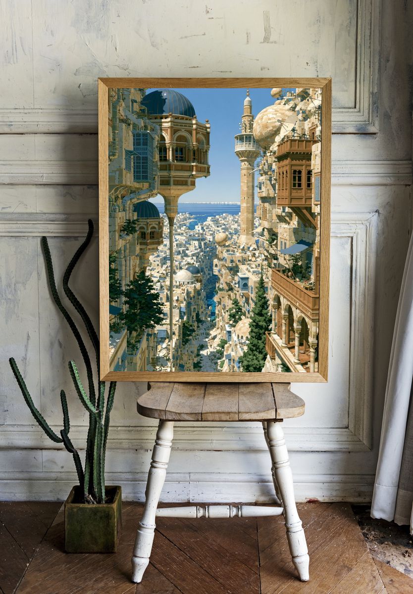 Mediterranean Cityscape Illustration Poster. — room view 1