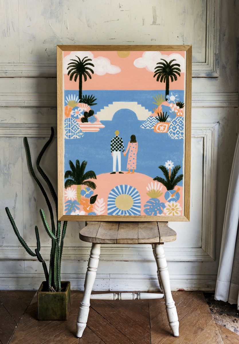 Sunset Lovers Coastal Illustration Poster. room preview