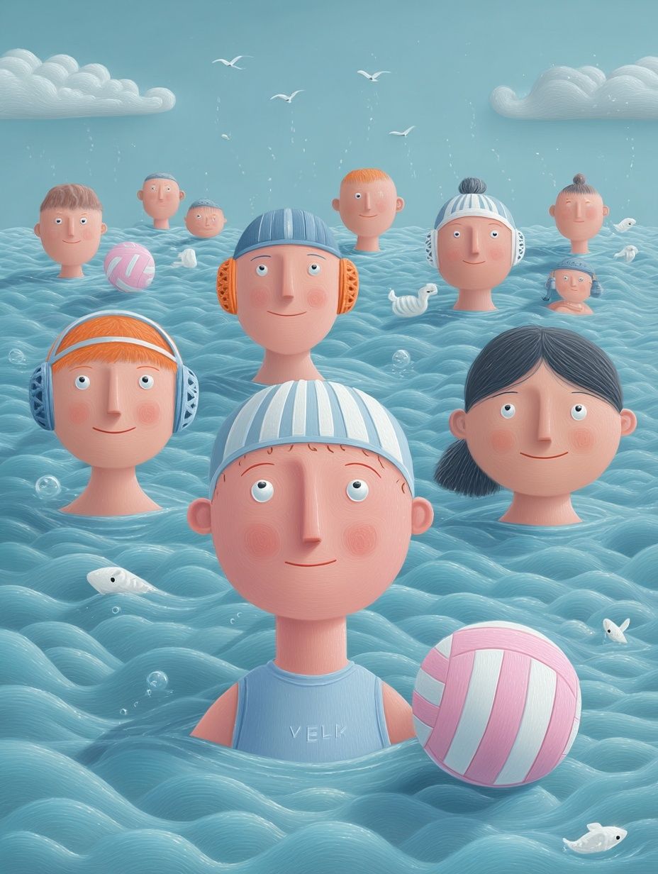 Floating Faces in Blue Sea Illustration Poster. poster detail