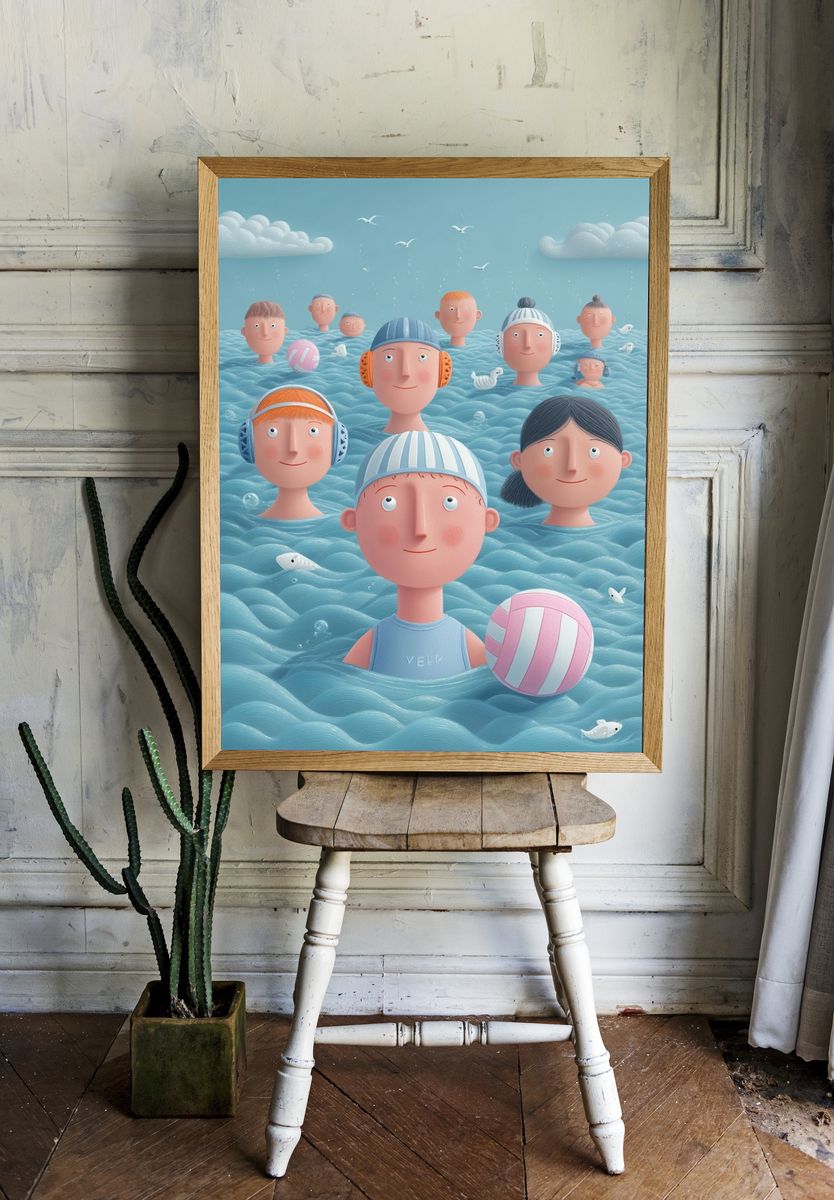 Floating Faces in Blue Sea Illustration Poster. room preview