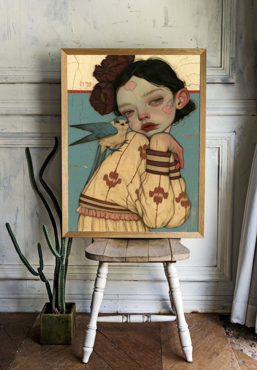Girl with Bird Surrealism Print. — room view 1