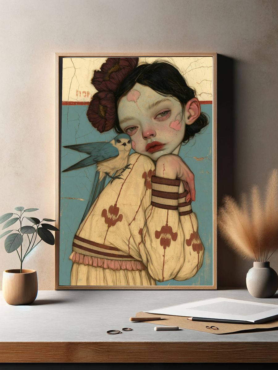 Girl with Bird Surrealism Print. — room view 2