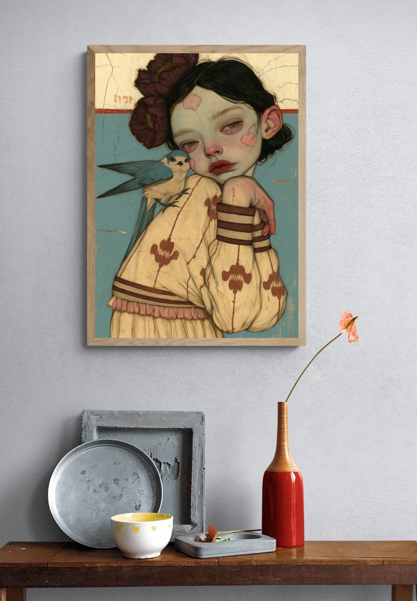 Girl with Bird Surrealism Print. — room view 3