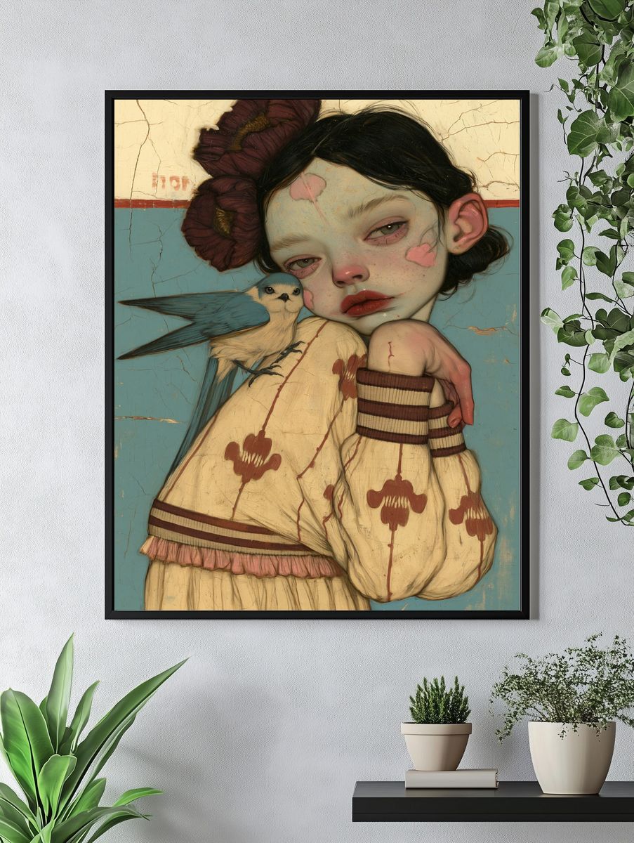 Girl with Bird Surrealism Print. — room view 4