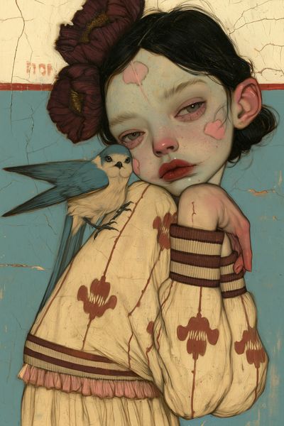 Girl with Bird Surrealism Print. poster