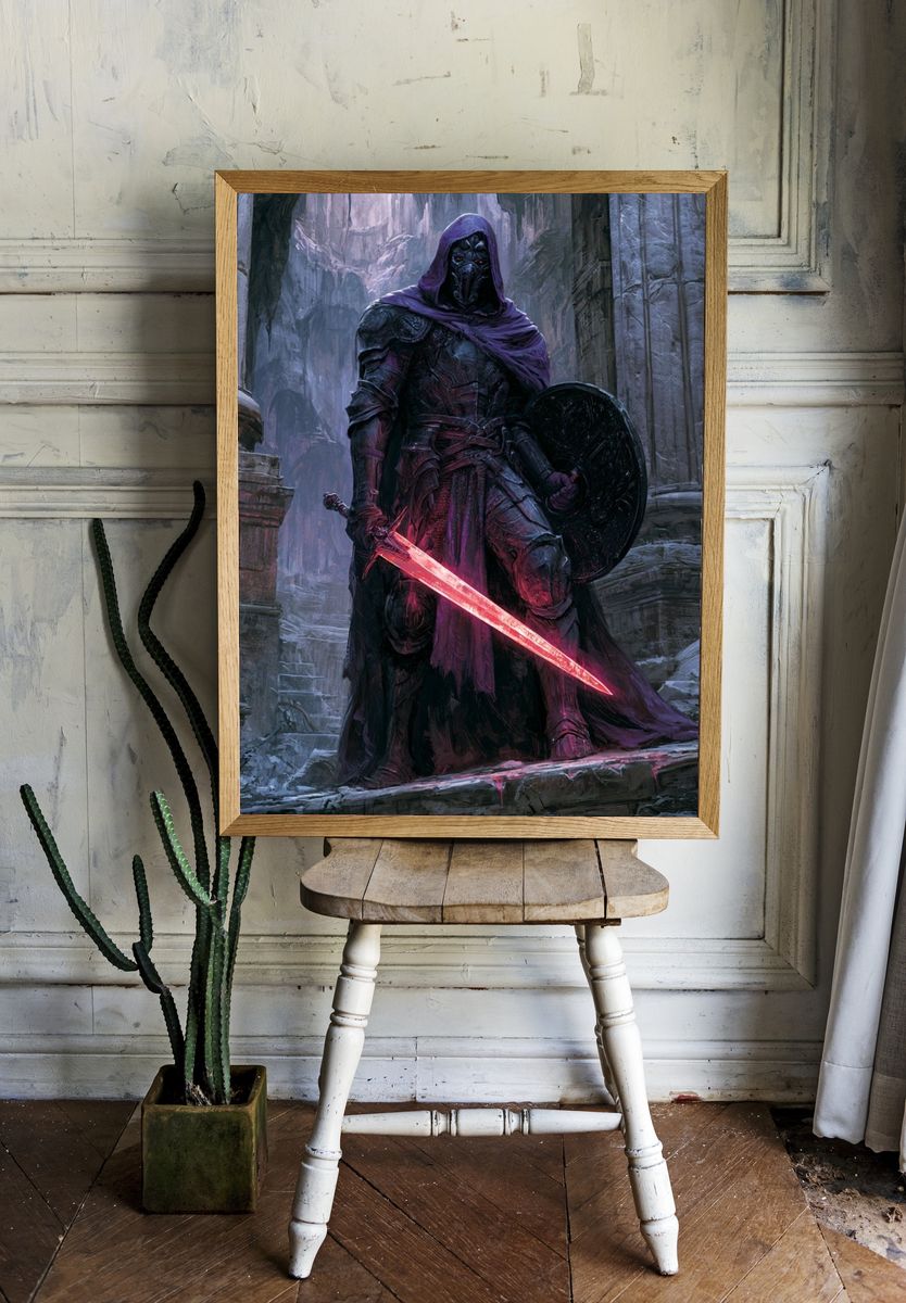 Dark Hooded Warrior Fantasy Print. room preview