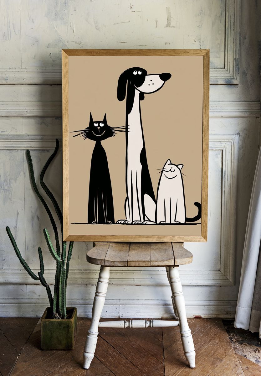 Playful Cats and Dog Illustration Poster. room preview