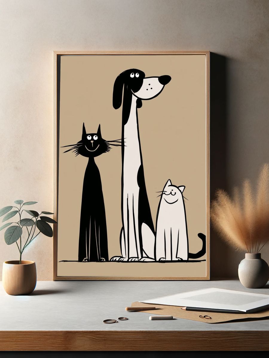Playful Cats and Dog Illustration Poster. — room view 2